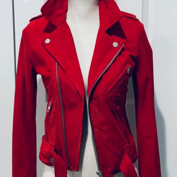 EACHOTHER CHERRY RED SUEDE MOTO JACKET - SIZE 38 - Picture 2 of 9